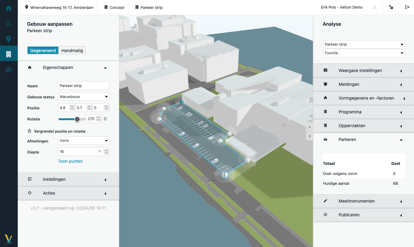 Screenshot: vorm van een object (parkeerstrip) verfijnen met de blauwe lijn